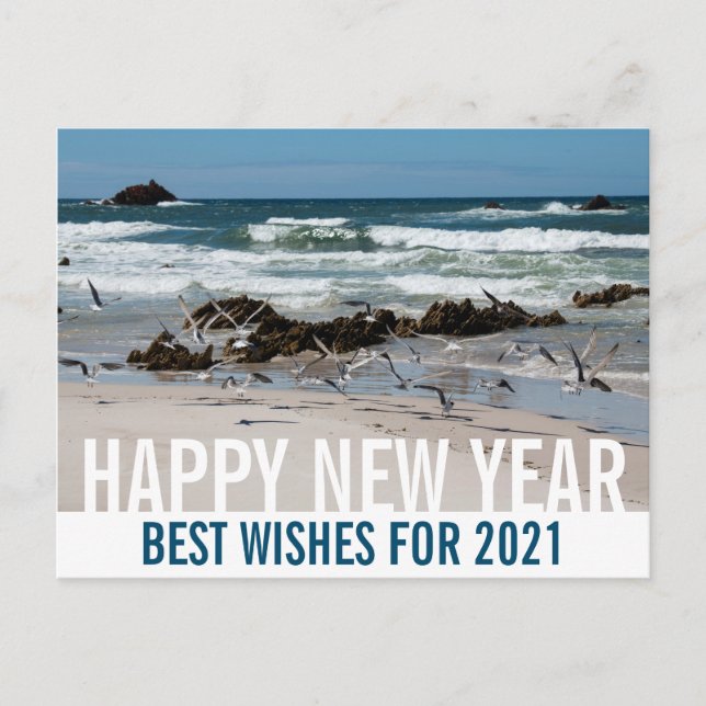 Happy New Year Australia Beach Landscape Birds Postcard (Front)