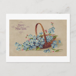 Happy New Year Basket with Flowers Holiday Postcard