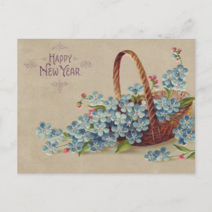 Happy New Year Basket with Flowers Holiday Postcard