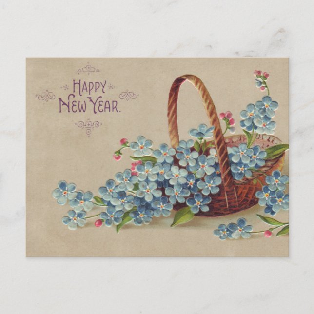 Happy New Year Basket with Flowers Holiday Postcard (Front)