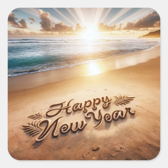 Happy New Year Beach Sunrise Square Sticker (Front)