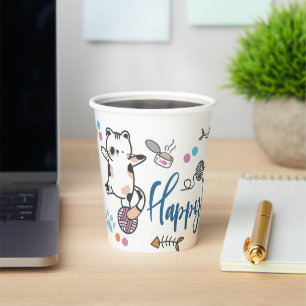 Happy New Year Between Kittens Balanced On A Yarn  Paper Cups