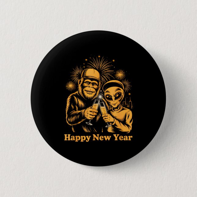 Happy New Year Bigfoot And Alien Sasquatch Firewor 2 Inch Round Button (Front)