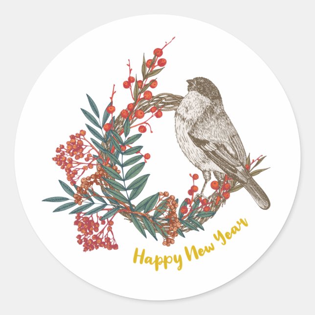 Happy New Year Bird Wreath Classic Round Sticker (Front)
