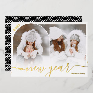 Happy New Year black 2 photo arch overlay collage Foil Holiday Card