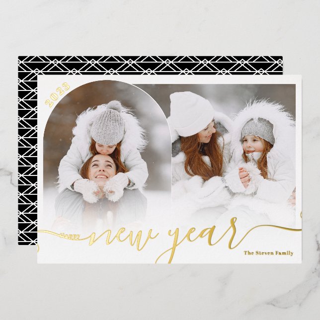 Happy New Year black 2 photo arch overlay collage Foil Holiday Card (Front/Back)