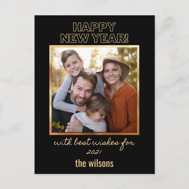 happy new year black and gold classy photo postcard (Front)