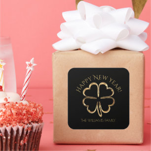 Happy New Year Black and Gold Four Leaf Clover Square Sticker