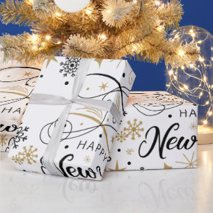 Happy New Year Black and Gold Snowflake Wrapping Paper