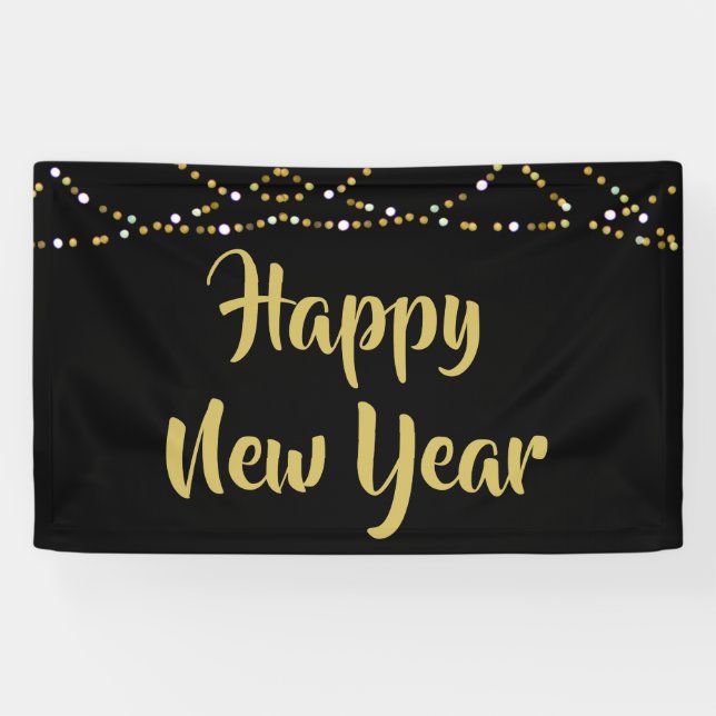 HAPPY NEW YEAR Black and Gold String Lights Banner (Horizontal)