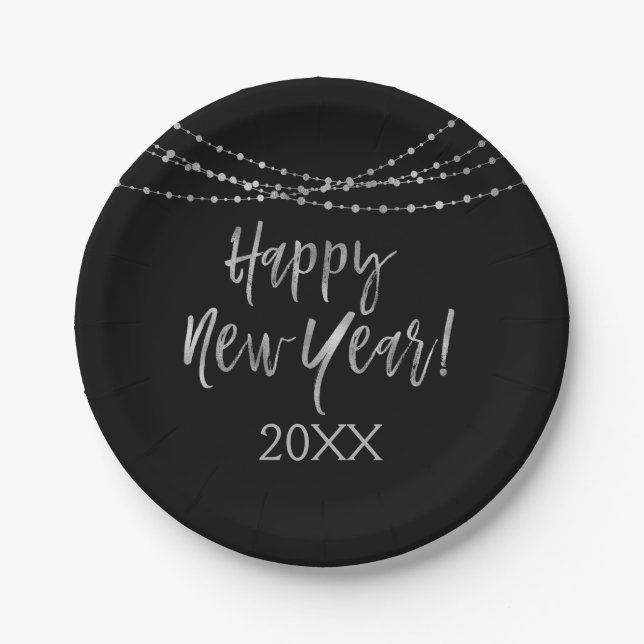 Happy New Year Black and Silver Foil String Lights Paper Plate (Front)