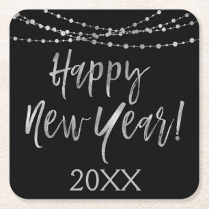 Happy New Year Black and Silver Foil String Lights Square Paper Coaster