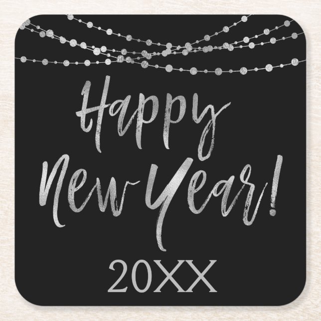 Happy New Year Black and Silver Foil String Lights Square Paper Coaster (Front)