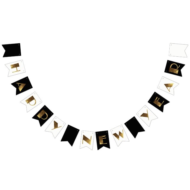Happy New Year Black and White Golden Typography Bunting Flags (All)