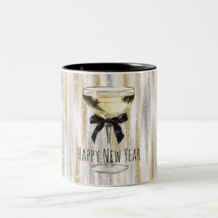 Happy New Year Black Bow Gold Silver Champagne Two-Tone Coffee Mug