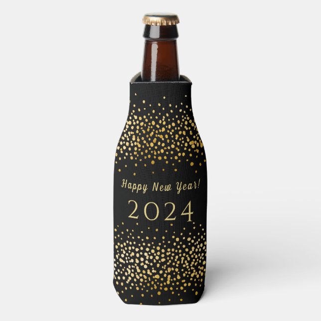 Happy New Year Black Faux Gold Confetti Holiday Bottle Cooler (Bottle Front)