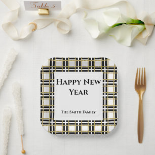 Happy New Year Black Gold Boxes Paper Plate