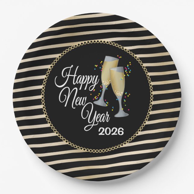 Happy New Year Black & Gold, Champagne Paper Plate (Front)