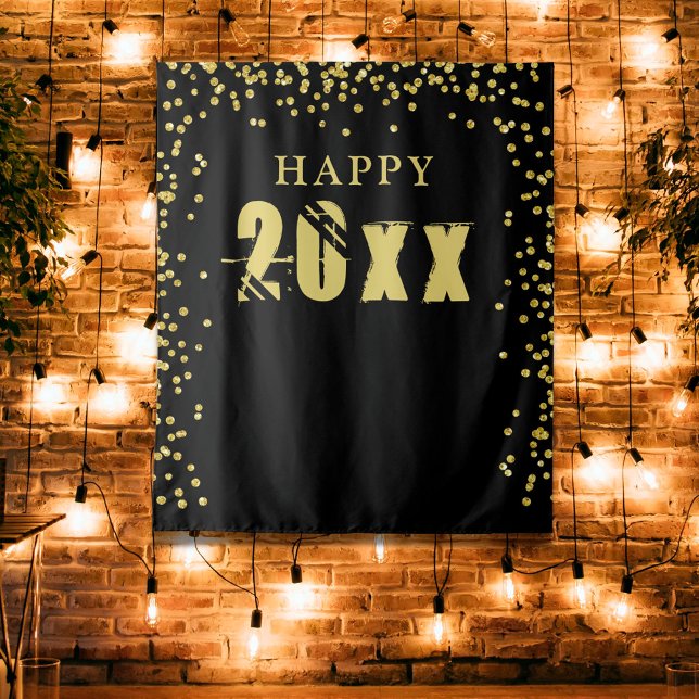 Happy New Year Black Gold Confetti Photo Backdrop Tapestry (Creator Uploaded)