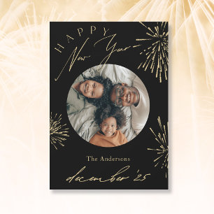 Happy New Year Black Gold Firework Photo Holiday Card