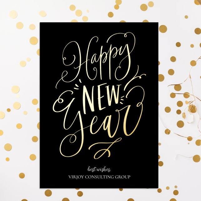 Happy New Year Black Gold Script Modern Business Foil Holiday Card (Creator Uploaded)