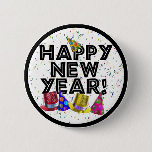Happy New Year - Black Text with Party Hats 2 Inch Round Button