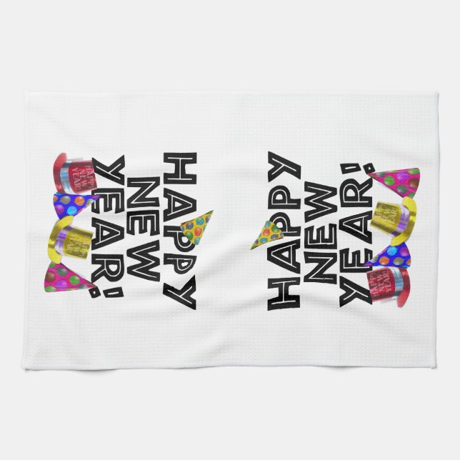 Happy New Year - Black Text with Party Hats Kitchen Towel (Horizontal)