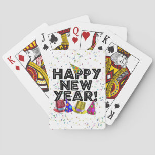 Happy New Year - Black Text with Party Hats Playing Cards