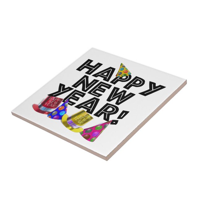 Happy New Year - Black Text with Party Hats Tile (Side)