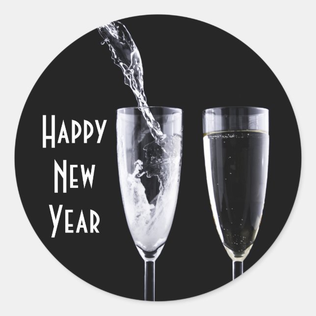 Happy New Year Black White Champagne Glass Festive Classic Round Sticker (Front)