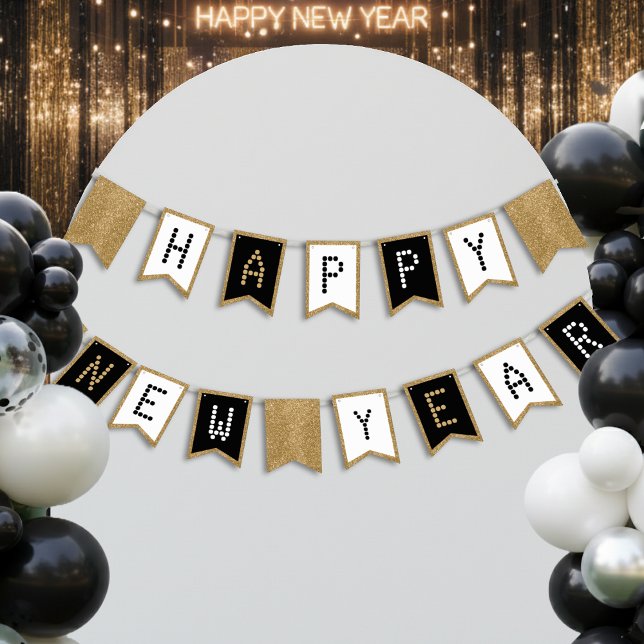 Happy New Year Black White & Gold Glitter Bunting Flags (Creator Uploaded)