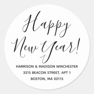 Happy New Year black white script return address Classic Round Sticker