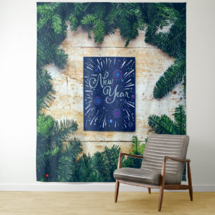 Happy New Year Blue and Green Pine Tapestry