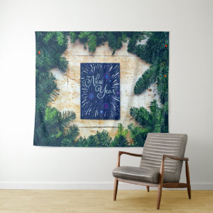 Happy New Year Blue and Green Pine Tapestry
