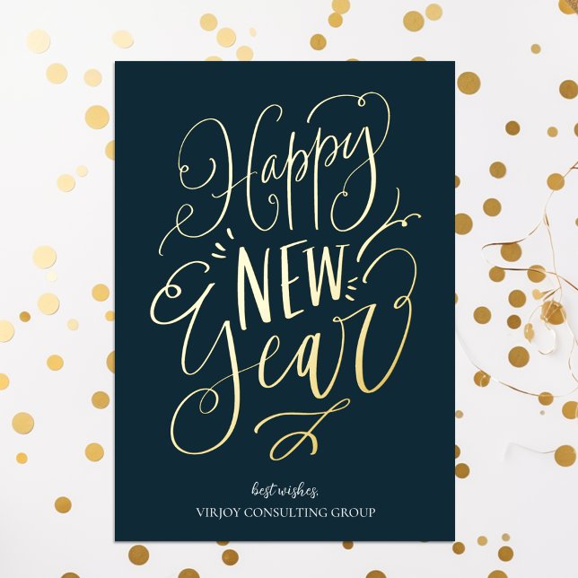 Happy New Year Blue Gold Script Modern Business Foil Holiday Card (Creator Uploaded)