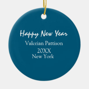 Happy new year blue name place year boho simple ceramic ornament