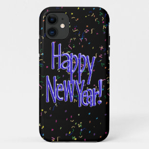 Happy New Year - Blue Text on Black Confetti iPhone 11 Case