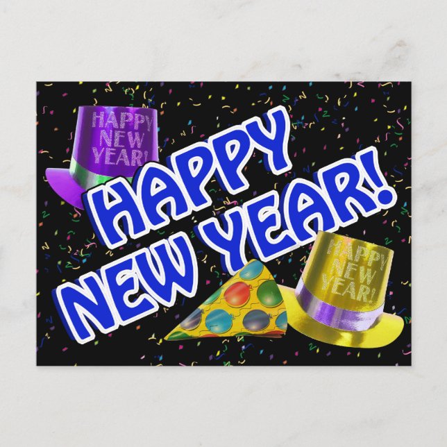 HAPPY NEW YEAR! Blue Text w/Party Hats Holiday Postcard (Front)