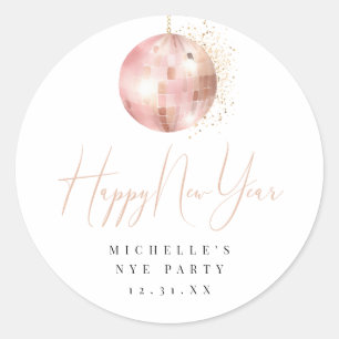 Happy New Year Blush Pink Rose Gold Disco Ball Classic Round Sticker