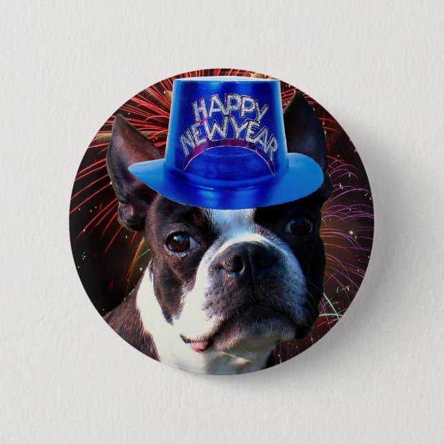 Happy New Year Boston terrier button (Front)