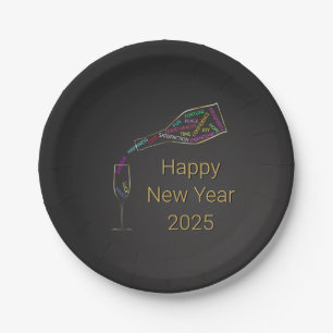 Happy New Year Bottle Glass Colourful Motivation Paper Plate