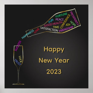 Happy New Year Bottle Glass Colourful Motivation Poster