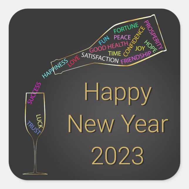 Happy New Year Bottle Glass Colourful Motivation Square Sticker (Front)