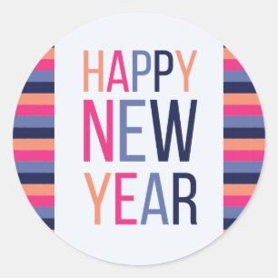 Happy New Year Bright Stripe Classic Round Sticker