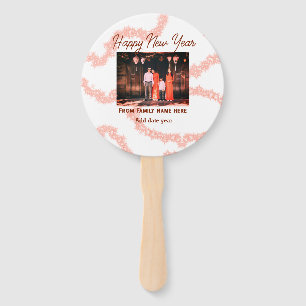 Happy new year brown add photo family name glitter hand fan