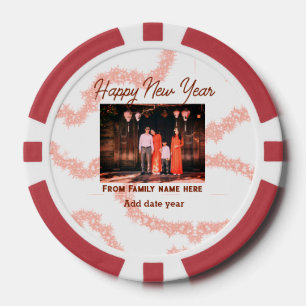 Happy new year brown add photo family name glitter poker chips
