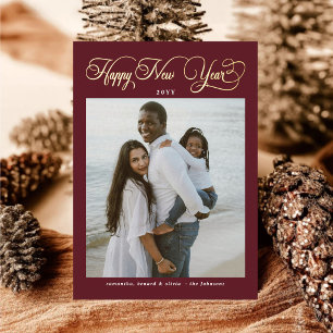 Happy New Year Burgundy Family 4 Photo Collage Foil Holiday Card