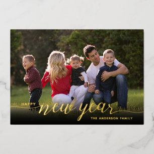 Happy New Year Calligraphy   2 Photo Gold Foil Foil Holiday Card