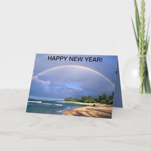 Happy New Year Card/Perfect rainbow over a beach Holiday Card (Front)