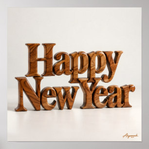Happy New Year Carved Wood Poster